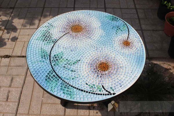 Bộ bàn tròn mosaic kính MT0039 hoa trắng xanh D80cm