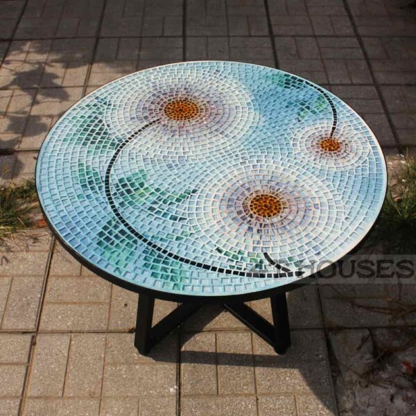 Bộ bàn tròn mosaic kính MT0039 hoa trắng xanh D80cm