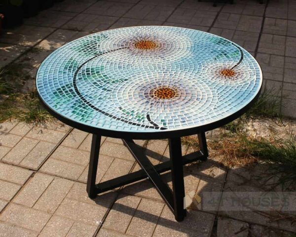 Bộ bàn tròn mosaic kính MT0039 hoa trắng xanh D80cm