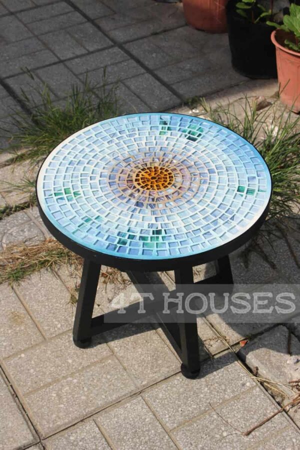 Bộ bàn tròn mosaic kính MT0039 hoa trắng xanh D80cm