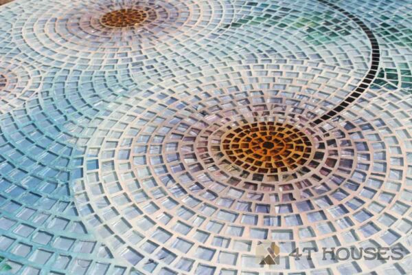 Bộ bàn tròn mosaic kính MT0039 hoa trắng xanh D80cm