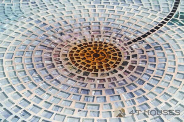 Bộ bàn tròn mosaic kính MT0039 hoa trắng xanh D80cm